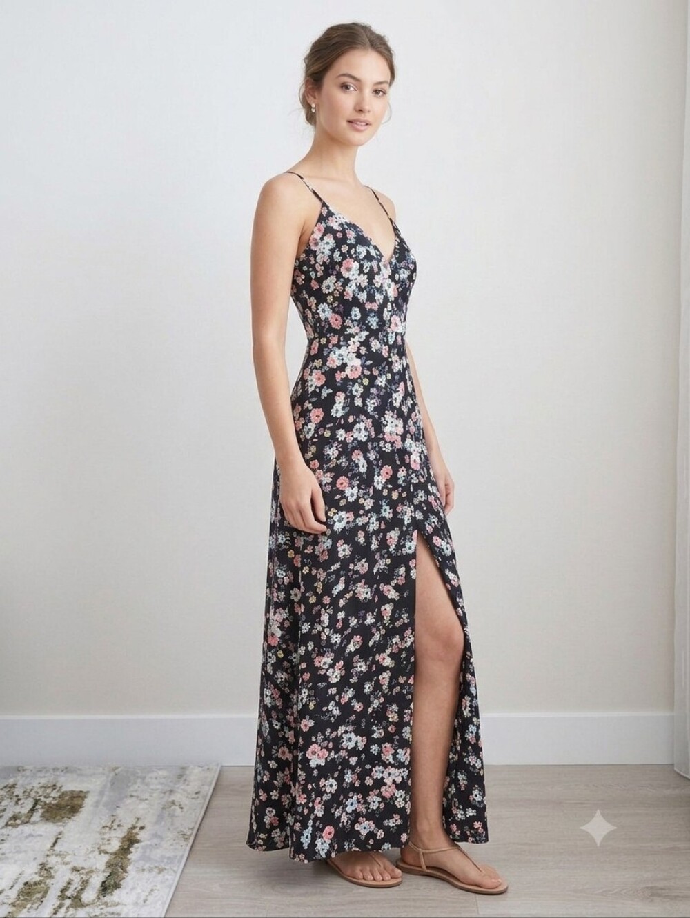 INTERMIX Silk Black Floral Maxi Dress with Pink & White Blossoms Size 4 Y2K